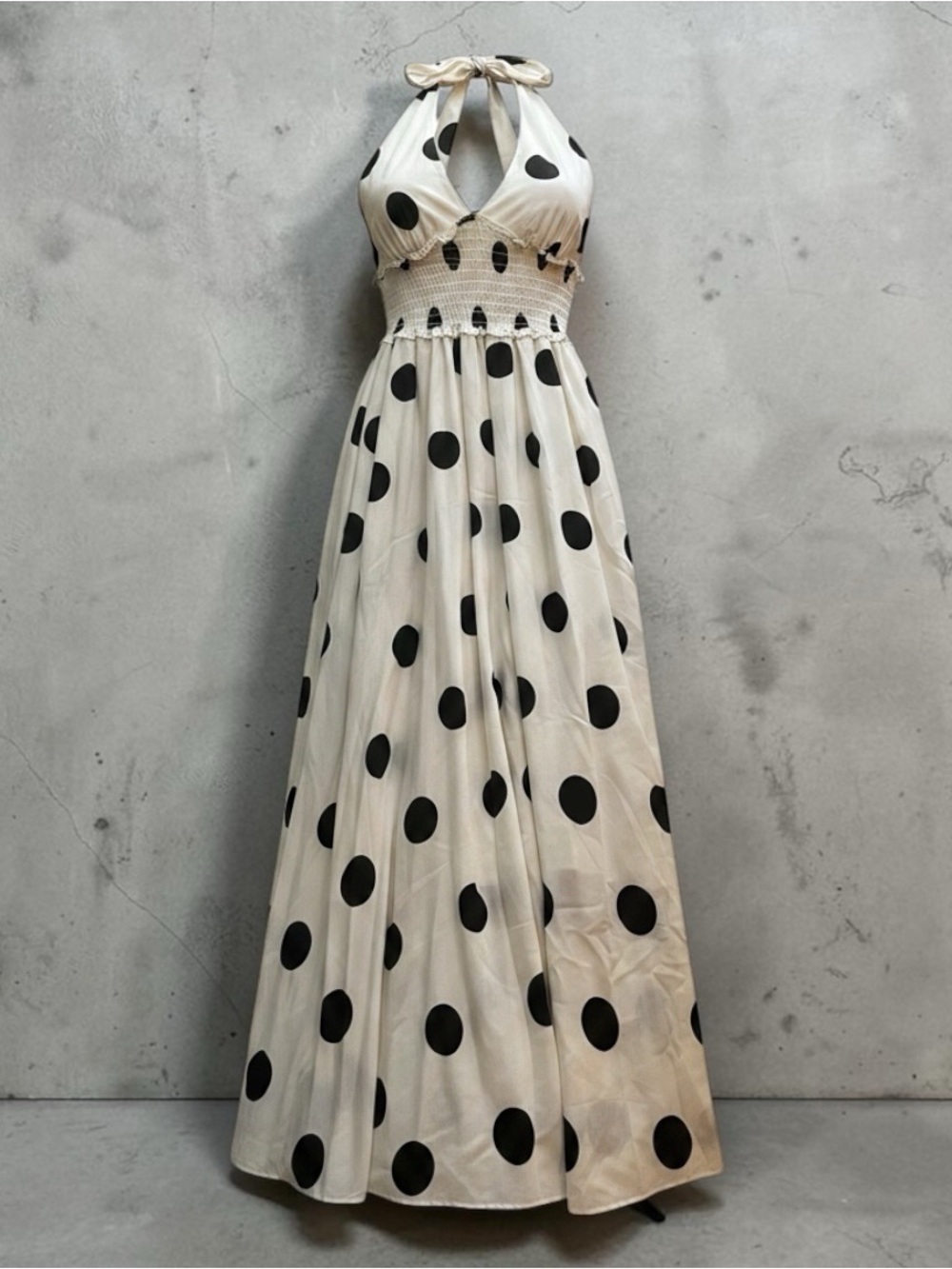Love By Design Cream Halter Maxi Dress with Black Polka Dots